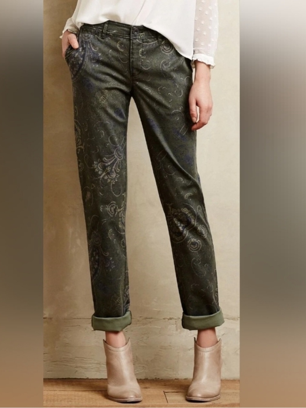 ANTHROPOLOGIE PILCRO & THE LETTERPRESS Olive Green Paisley HYPHEN Chino Pants 26